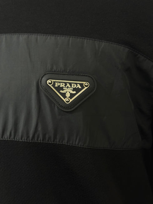 PRADA BLACK TERRY SWEATSHIRT WITH NYLON CHEST PANEL